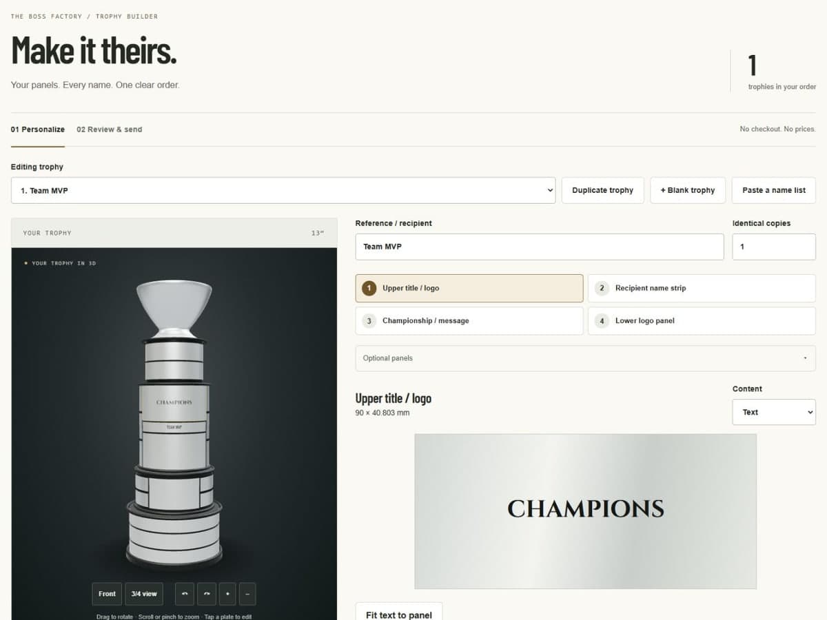 Trophy Builder avec un trophée en 3D et les commandes de gravure