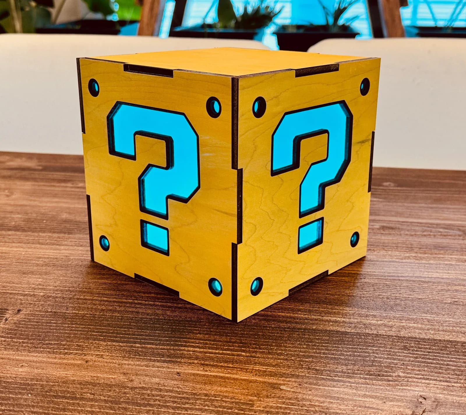 Color-changing laser-cut maple question block lamp