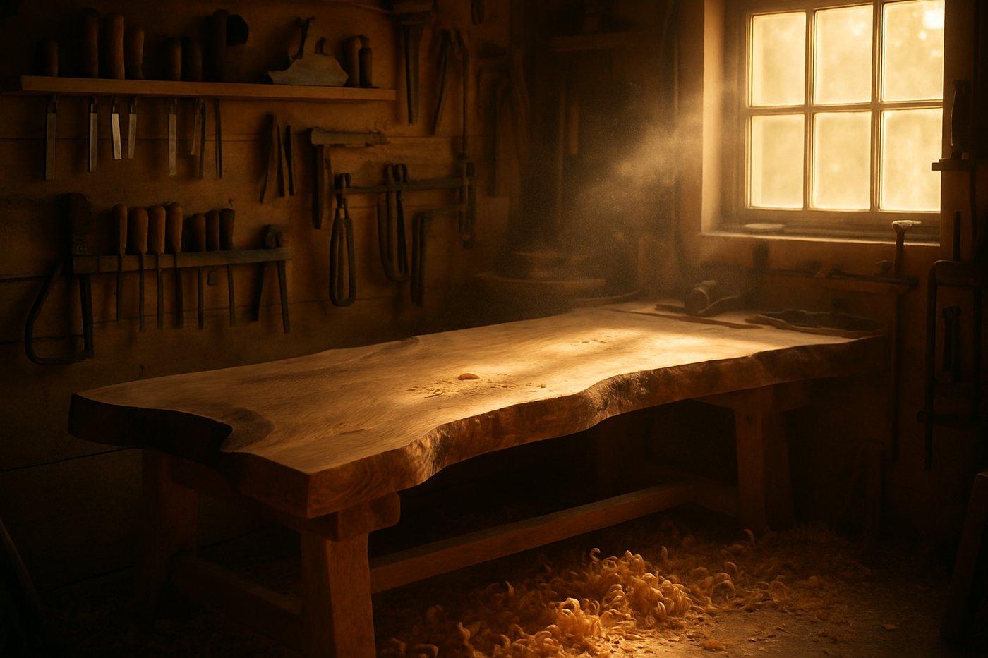 Inside the The Boss Factory woodshop in Dieppe, NB — a live-edge slab in warm window light