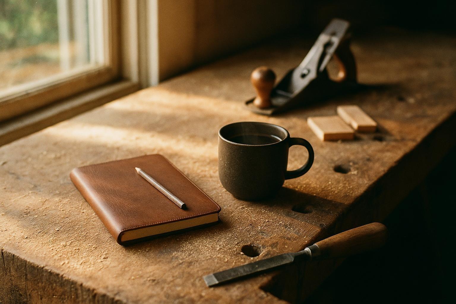 A woodworker’s planning bench with a notebook, wood samples, and coffee