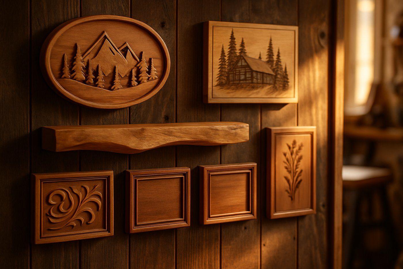 A wall of finished custom carved signs and wood pieces from the shop