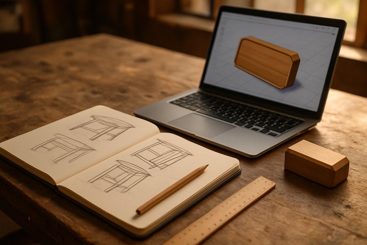 A design desk — sketchbook plans, a laptop CAD model, and a finished wood prototype
