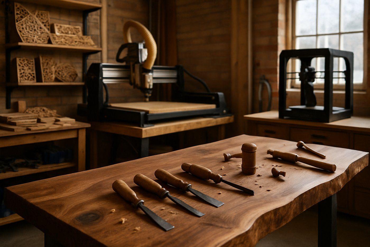 Custom fabrication workshop — woodworking bench, CNC, and 3D printing under warm light