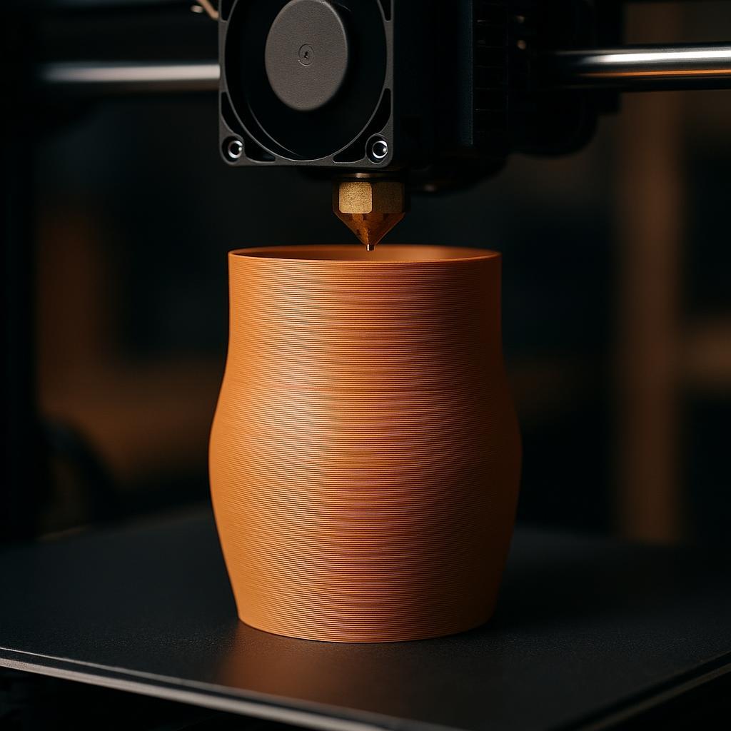 Close-up of a 3D printer building a small object
