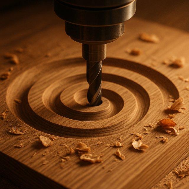 Close-up of a CNC bit carving a spiral into oak