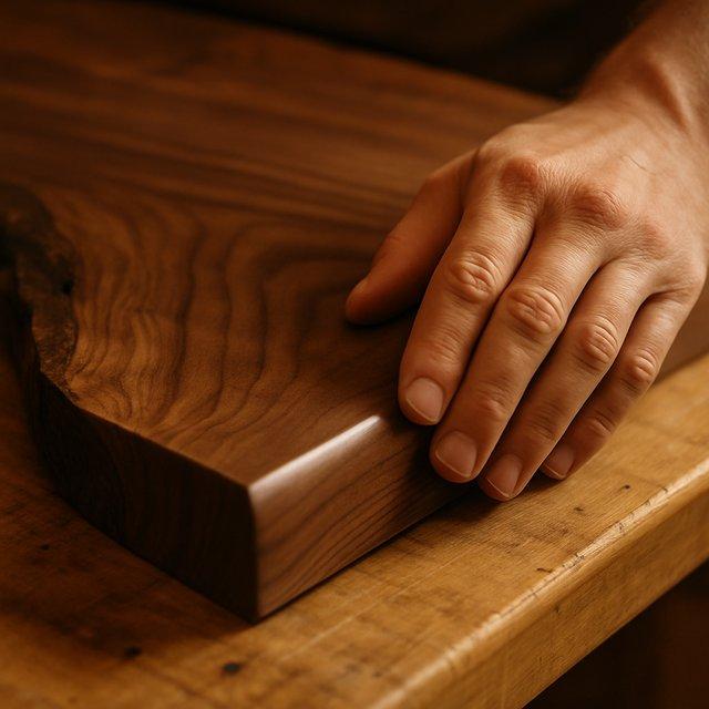 A hand on the smooth routed edge of a live-edge walnut piece