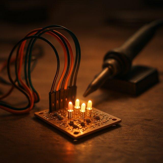 Close-up of a custom circuit board with glowing LEDs