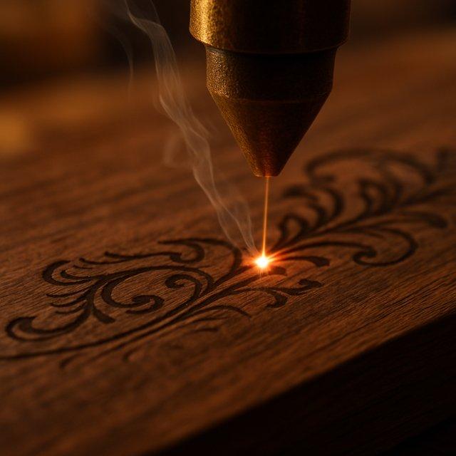 Close-up of a laser etching a fine design into walnut