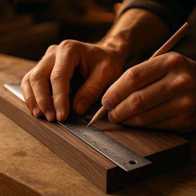 Hands measuring and marking a walnut board with a ruler