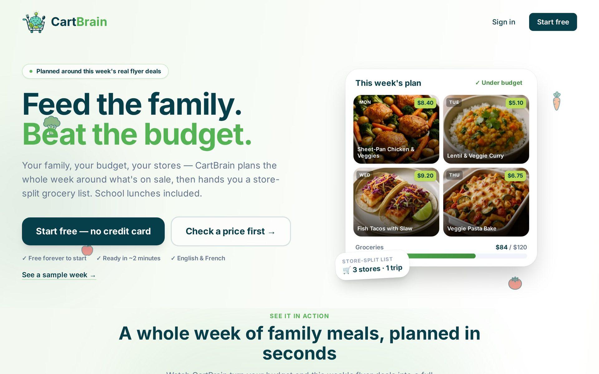CartBrain meal planning app dashboard