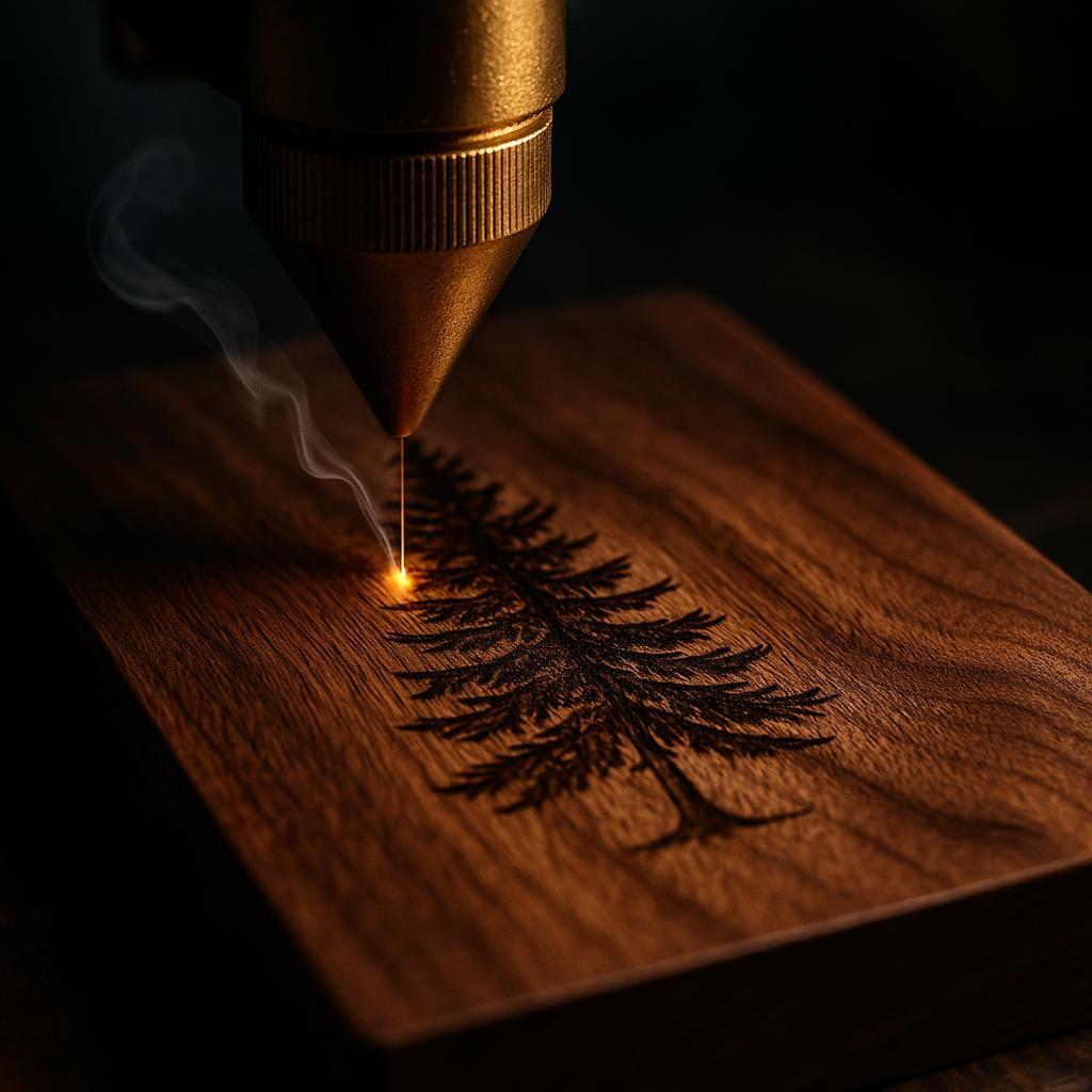 Laser engraving an evergreen design into a walnut plaque in the shop