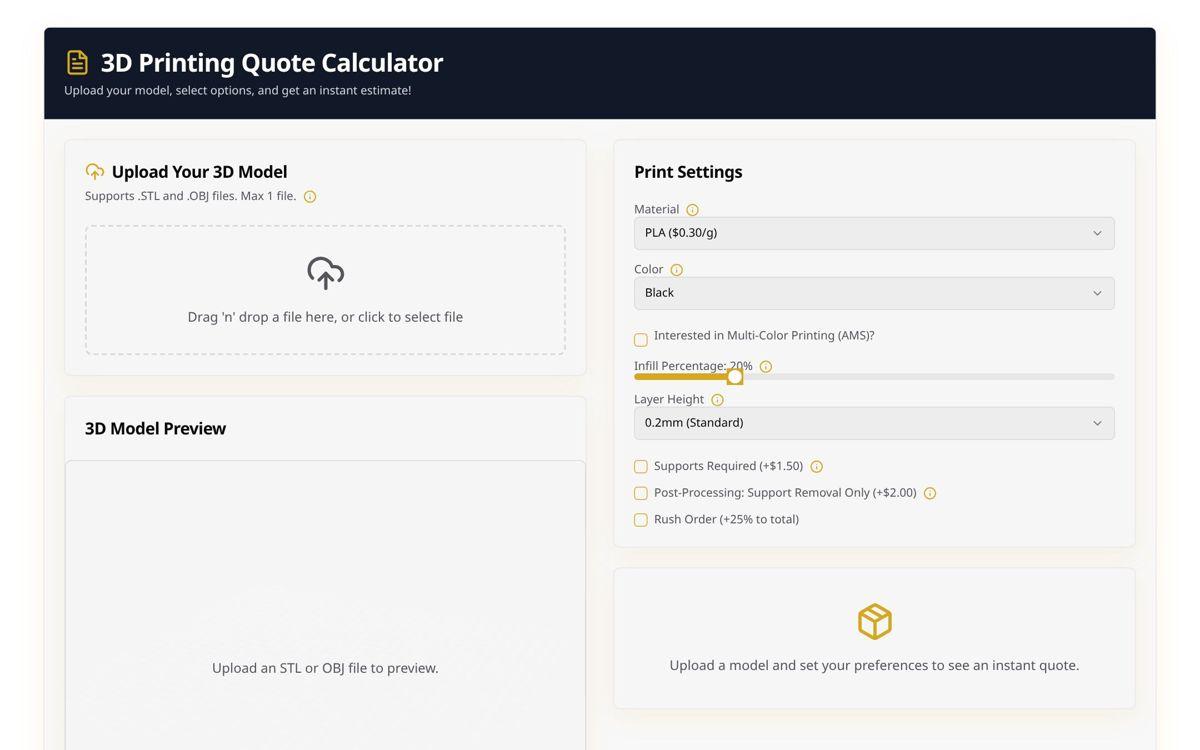 3D Print Quote Tool upload and estimate screen