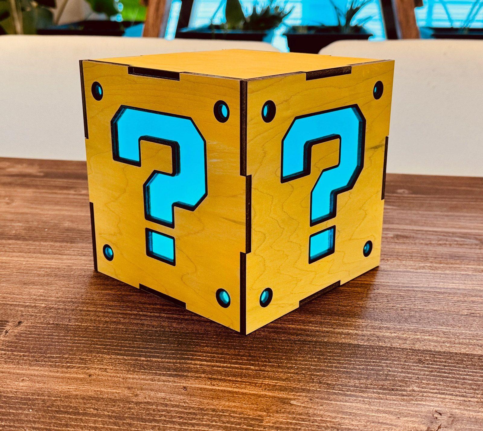 Color-changing question block LED lamp in maple wood