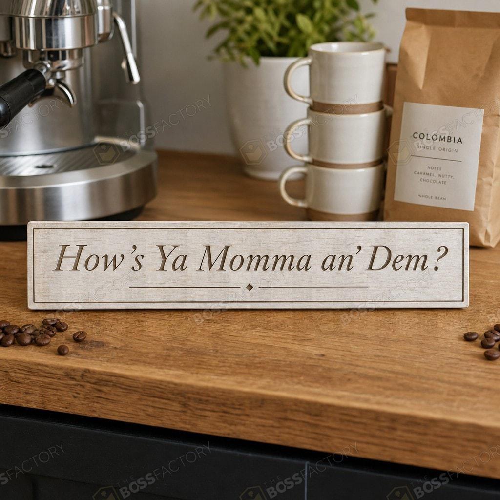 How’s Ya Momma An’ Dem laser-engraved coffee bar sign