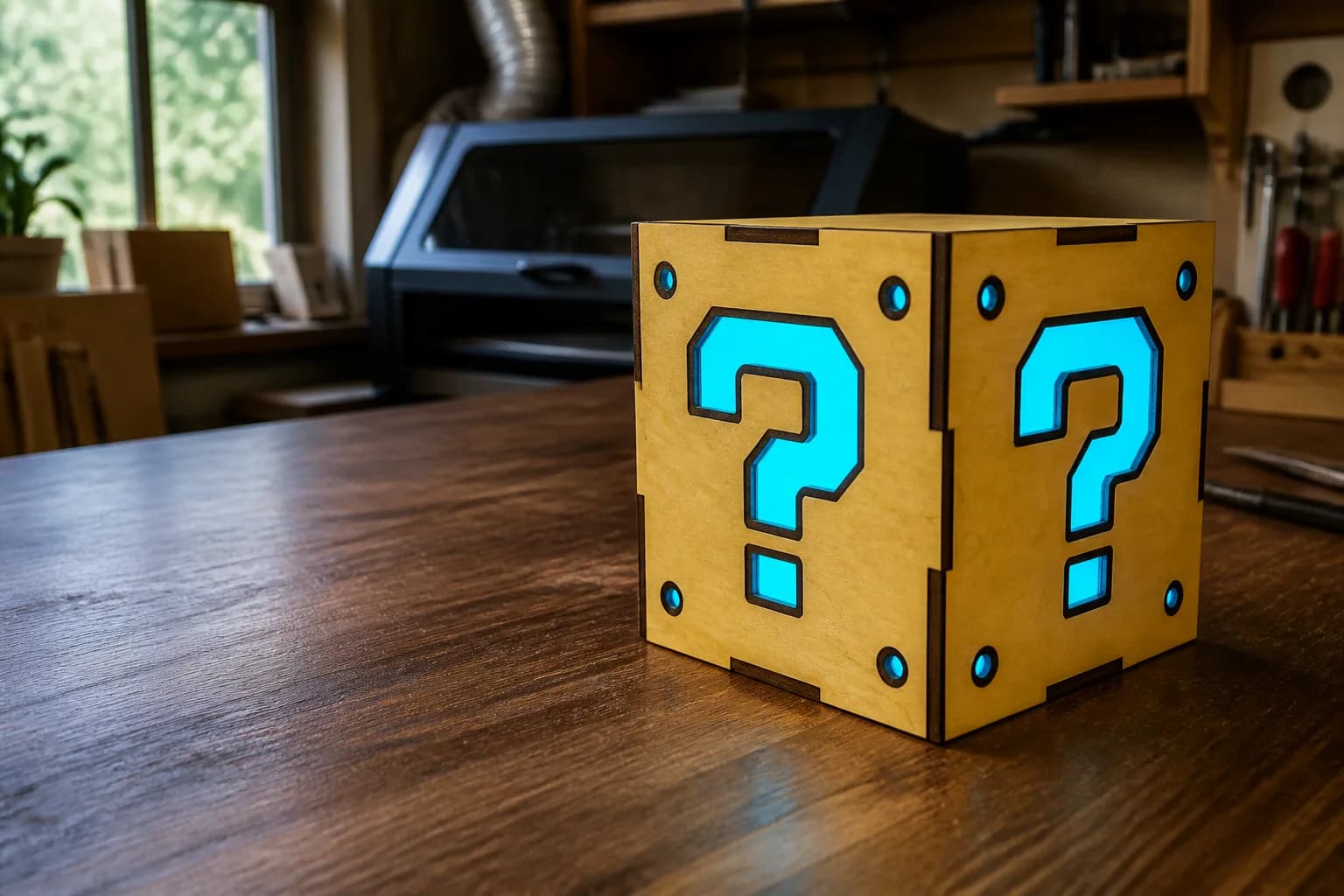 Editorial workshop setting featuring a laser-cut maple question-block lamp
